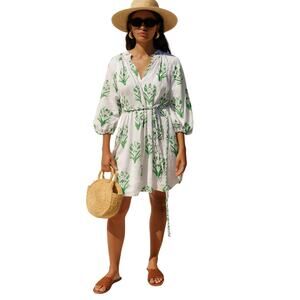 CARYN LAWN Women's Botanical Print Cotton Tunic Dress White/Green One Size